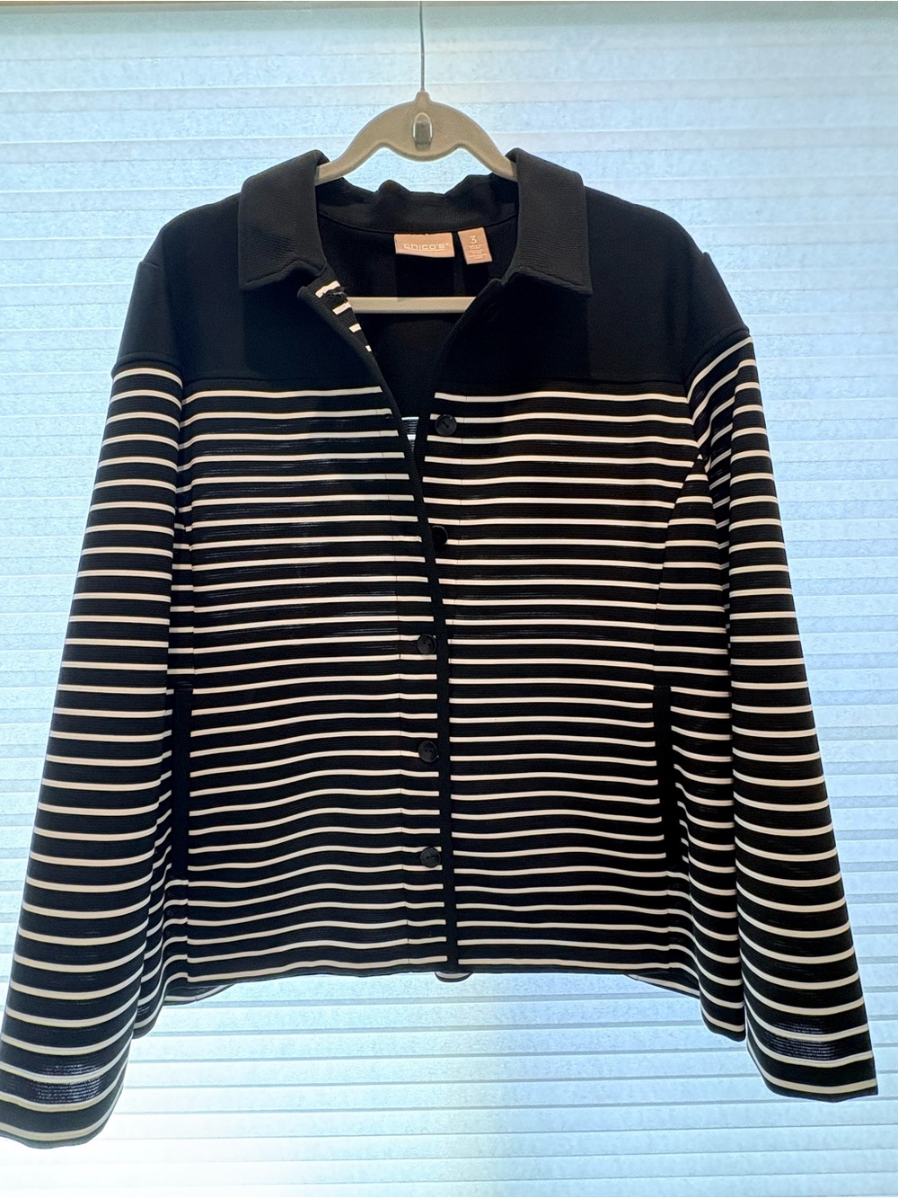 Chico's Black & White Striped Button Jacket size 3